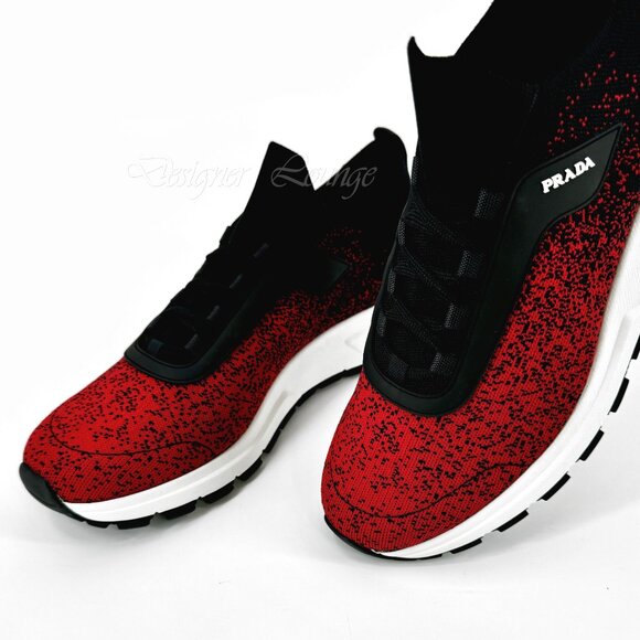 NEW PRADA Men's Knit 2 Red Black Textile Low Top Logo Sneakers UK 10 / US 11 - Picture 10 of 12